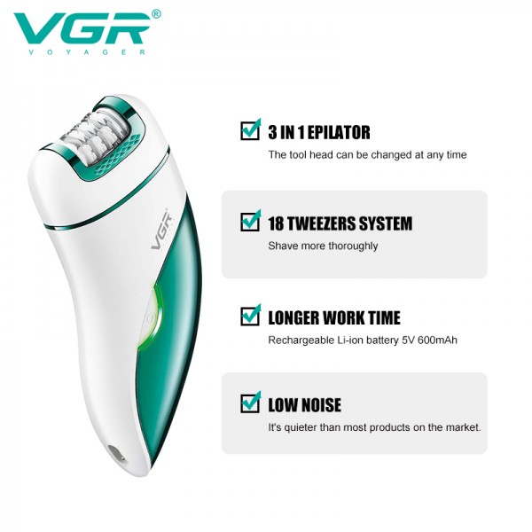 Эпилятор VGR 3 в 1 V-731, 3 насадки, низкий уровень шума 