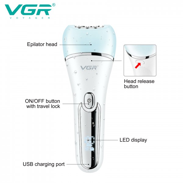 Эпилятор VGR 6 в 1 V-733 BLUE, 12 насадок, IPX7, LED display 