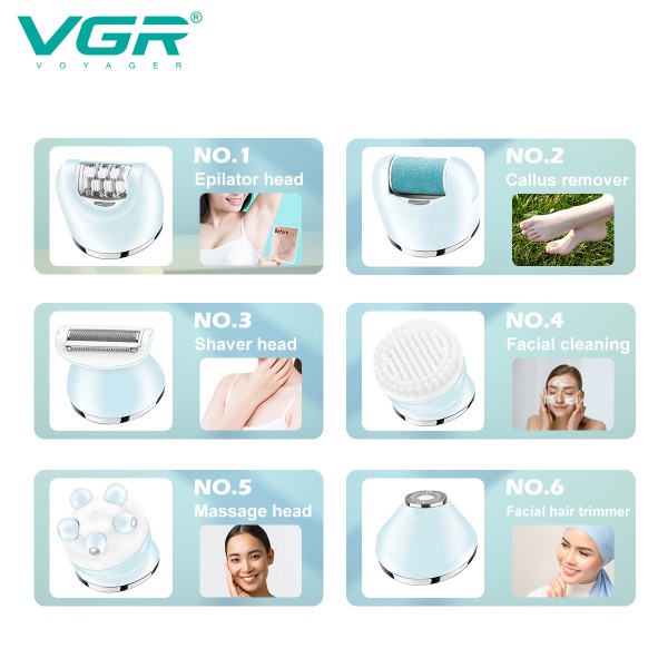 Эпилятор VGR 6 в 1 V-733 BLUE, 12 насадок, IPX7, LED display 
