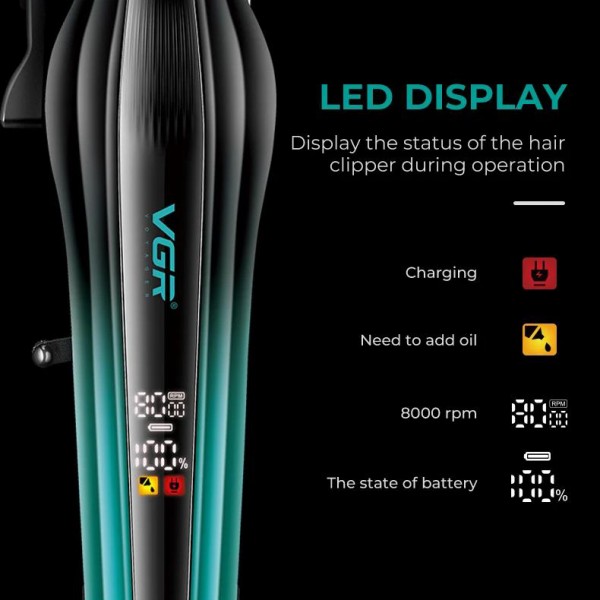 Аккумуляторная машинка для стрижки (clipper) VGR V-273 GREEN, 6 насадок, 8000 RPM, 3000 mAh, LED display 