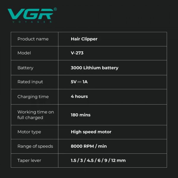 Аккумуляторная машинка для стрижки (clipper) VGR V-273 GREEN, 6 насадок, 8000 RPM, 3000 mAh, LED display 