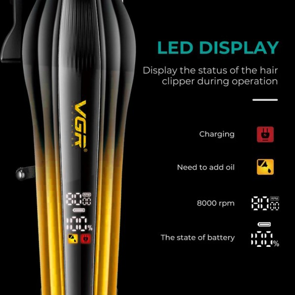 Аккумуляторная машинка для стрижки (clipper) VGR V-273 GOLD, 6 насадок, 8000 RPM, 3000 mAh, LED display 