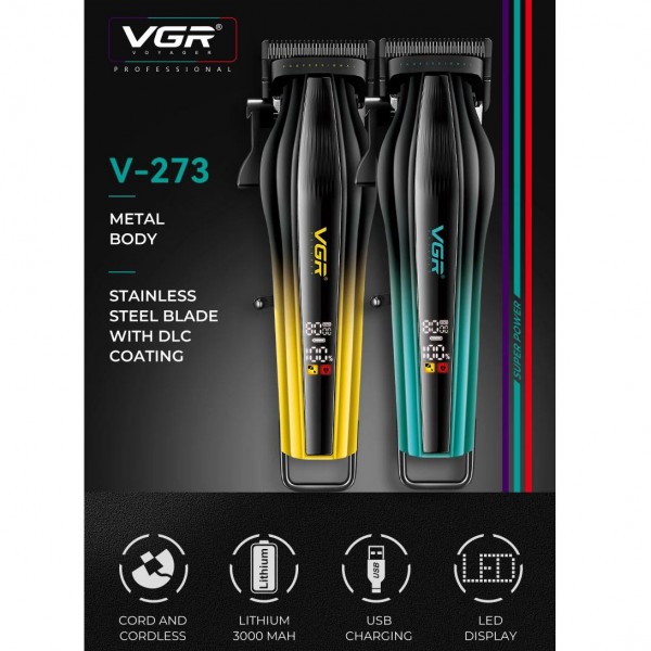 Аккумуляторная машинка для стрижки (clipper) VGR V-273 GOLD, 6 насадок, 8000 RPM, 3000 mAh, LED display 