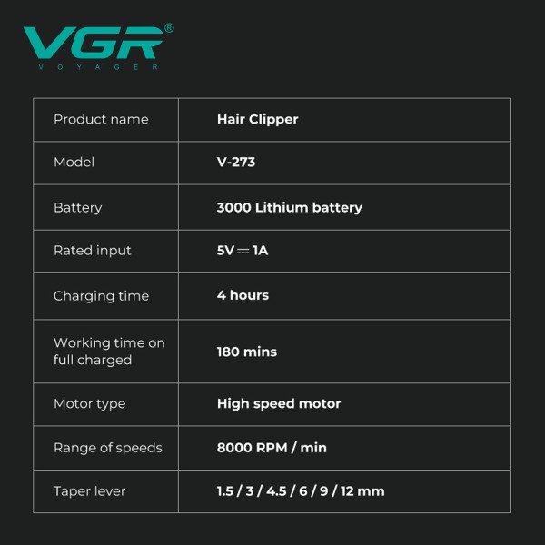 Аккумуляторная машинка для стрижки (clipper) VGR V-273 GOLD, 6 насадок, 8000 RPM, 3000 mAh, LED display 