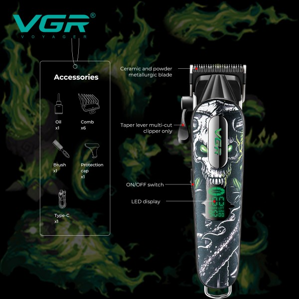 Аккумуляторная машинка для стрижки (clipper) VGR V-279 GREEN, 6 насадок, 9000 RPM, 2500 mAh, LED display