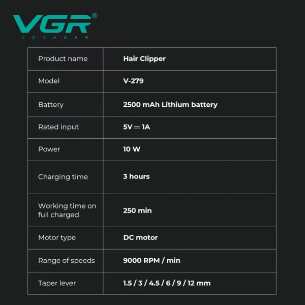 Аккумуляторная машинка для стрижки (clipper) VGR V-279 RED, 6 насадок, 9000 RPM, 2500 mAh, LED display 