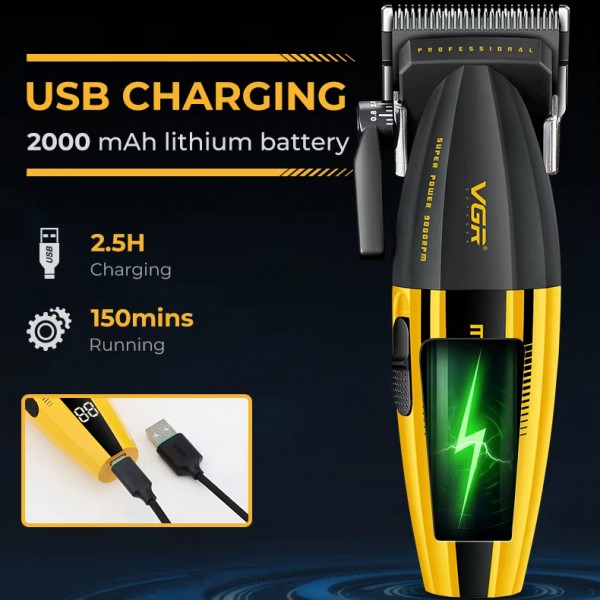 Аккумуляторная машинка для стрижки (clipper) VGR V-285, 6 насадок, 9000 RPM, 2000 mAh, LED display