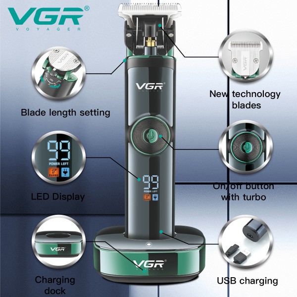 Аккумуляторная машинка для стрижки (clipper) VGR V-671, 4 насадки, LED display 