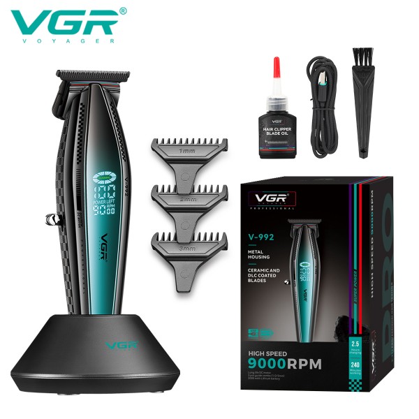 Триммер VGR V-992 GREEN, 9000 RPM, 2000 mAh, 3 насадки, LED display