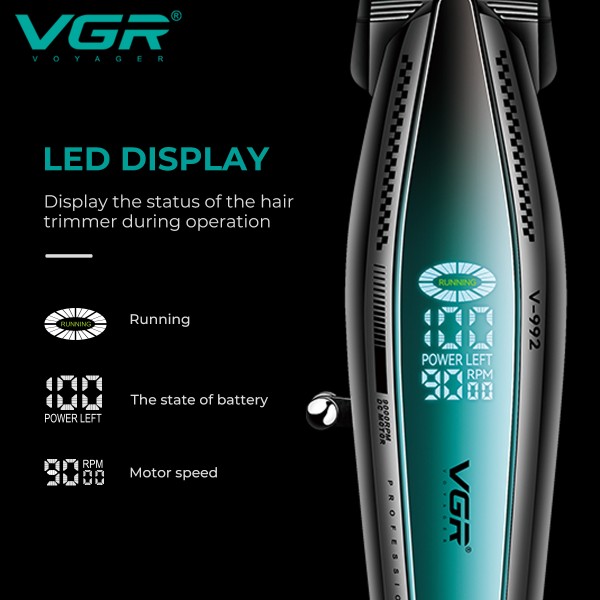 Триммер VGR V-992 GREEN, 9000 RPM, 2000 mAh, 3 насадки, LED display