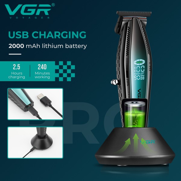 Триммер VGR V-992 GREEN, 9000 RPM, 2000 mAh, 3 насадки, LED display