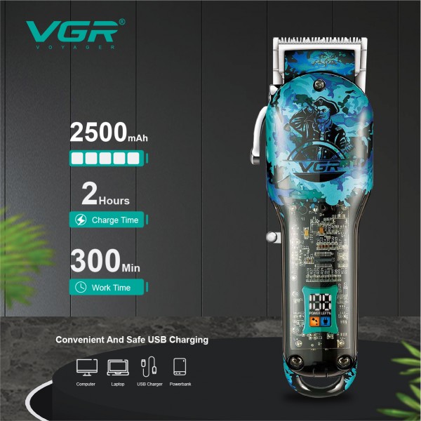 Аккумуляторная машинка для стрижки (clipper) VGR V-685, 4 насадки, LED display