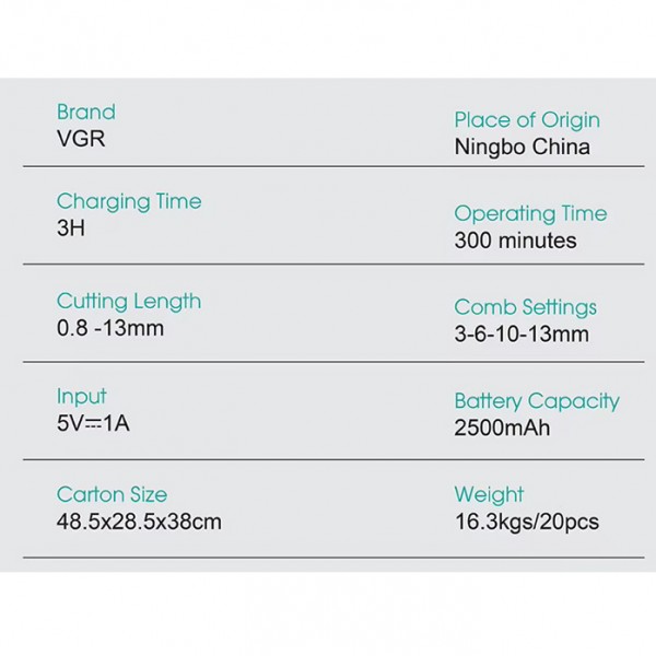 Аккумуляторная машинка для стрижки (clipper) VGR V-685, 4 насадки, LED display