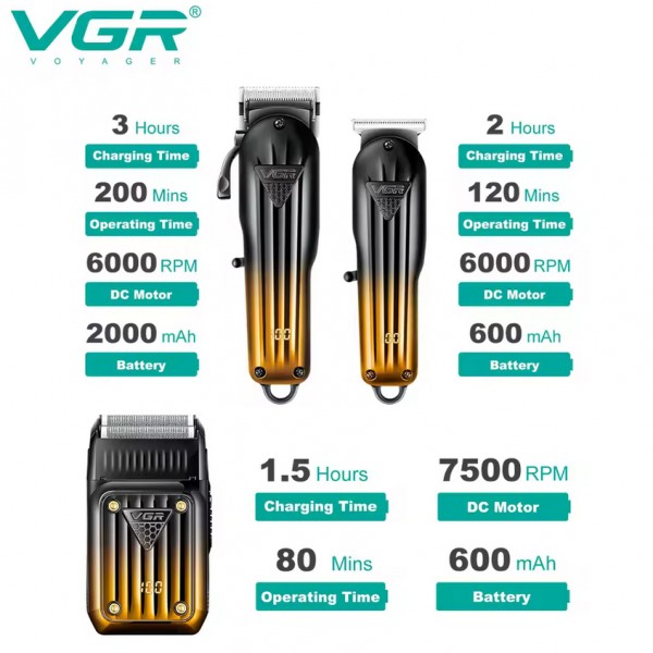 Комплект VGR 3 в 1 V-644 аккумуляторная машинка для стрижки (clipper), триммер и электробритва (шейвер) 