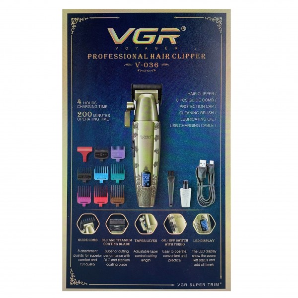 Аккумуляторная машинка для стрижки (clipper) VGR V-036, 8 насадок, LED display 