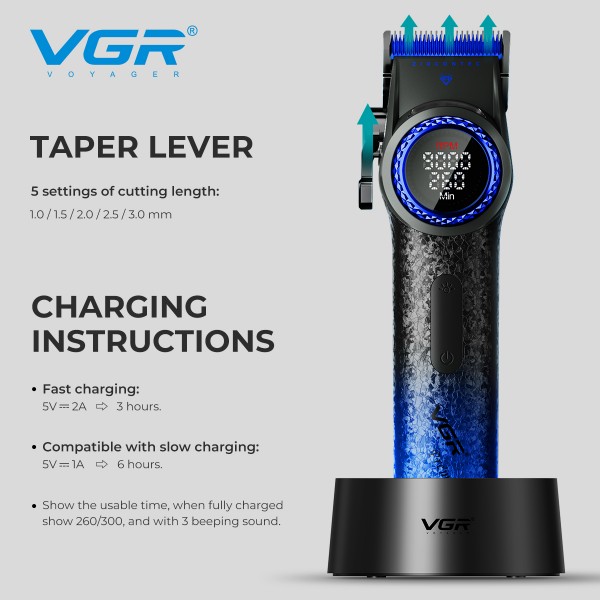 Аккумуляторная машинка для стрижки (clipper) VGR V-001 BLUE, 10 насадок, 9000 RPM, 4600 mAh, LED light, LED display 