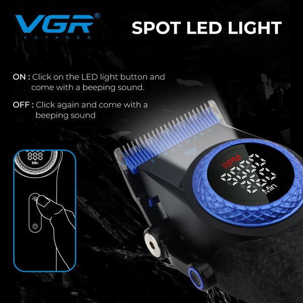 Аккумуляторная машинка для стрижки (clipper) VGR V-001 BLUE, 10 насадок, 9000 RPM, 4600 mAh, LED light, LED display 