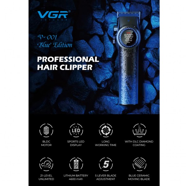 Аккумуляторная машинка для стрижки (clipper) VGR V-001 BLUE, 10 насадок, 9000 RPM, 4600 mAh, LED light, LED display 