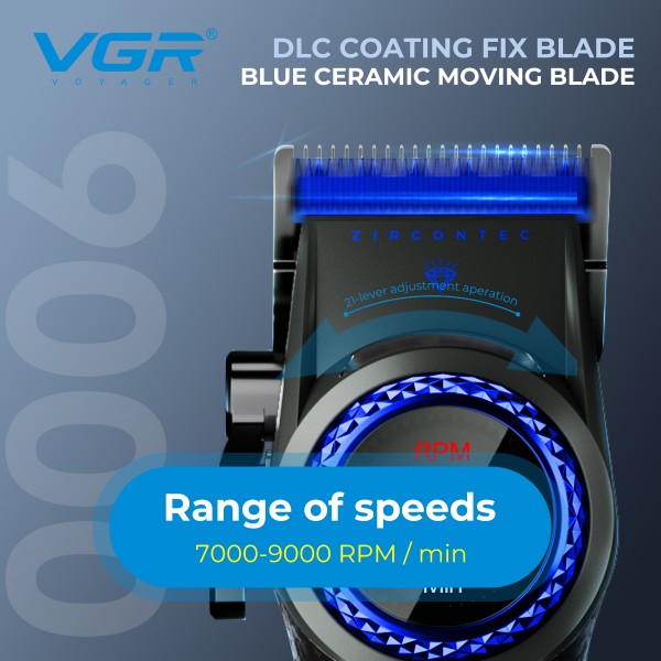 Аккумуляторная машинка для стрижки (clipper) VGR V-001 BLUE, 10 насадок, 9000 RPM, 4600 mAh, LED light, LED display 