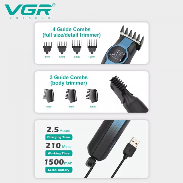 Набір для стриження VGR 13 в 1 V-173 BLUE, 13 насадок, LED display