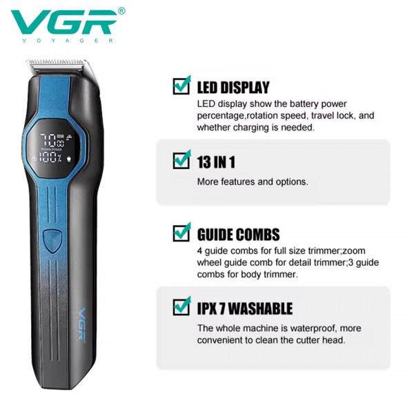 Набір для стриження VGR 13 в 1 V-173 BLUE, 13 насадок, LED display