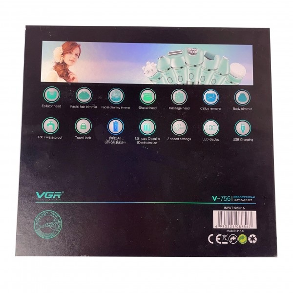 Епілятор VGR 7 в 1 V-756 GREEN, 7 насадок, IPX7