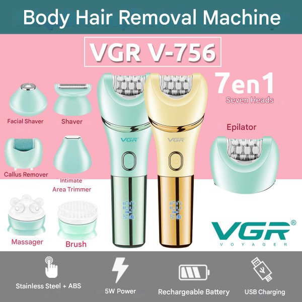 Эпилятор VGR 7 в 1 V-756 GOLD, 7 насадок, IPX7 