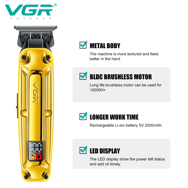 Акумуляторна машинка для стриження (clipper) VGR V-904 GOLD, 4 насадки, 2000 mAh, LED display