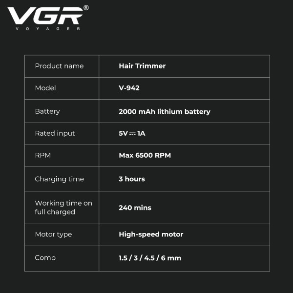 Триммер VGR V-942 WHITE, 4 насадки, LED display 