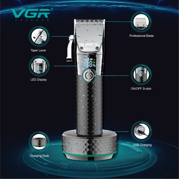 Аккумуляторная машинка для стрижки (clipper) VGR V-682, 6 насадок, IPX7, LED display 
