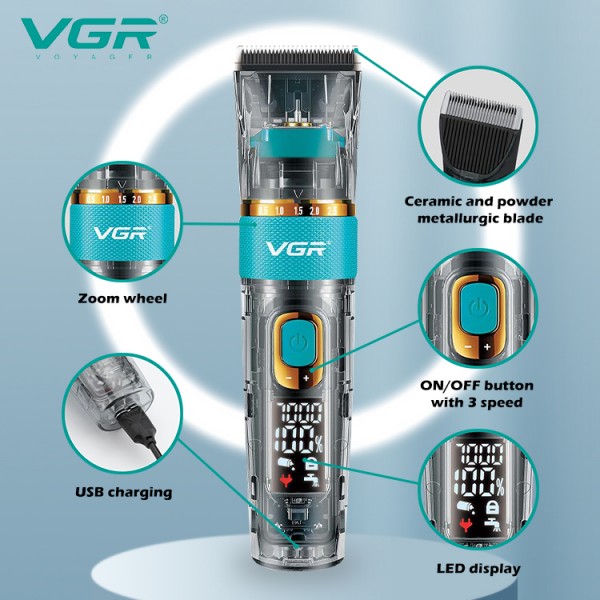 Аккумуляторная машинка для стрижки (clipper) VGR V-695, 6 насадок, регулятор высоты, LED display 