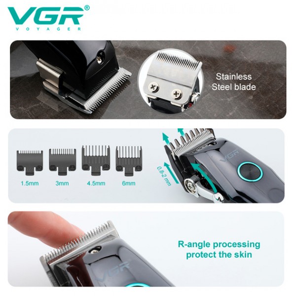 Аккумуляторная машинка для стрижки VGR V-969, 4 насадки, индикатор заряда батареи