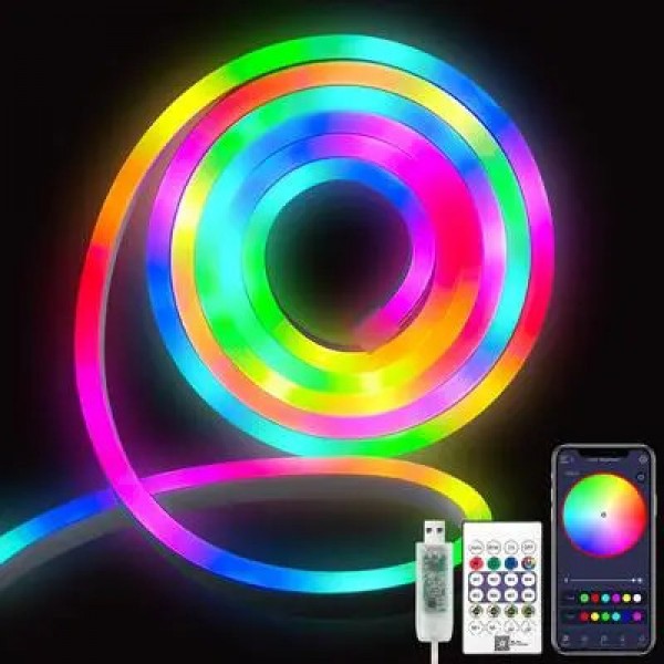 Умная гибкая LED Neon RGB лента-шланг 2 метров от USB управление режимами с телефона,Bluetooth приложение,пульт