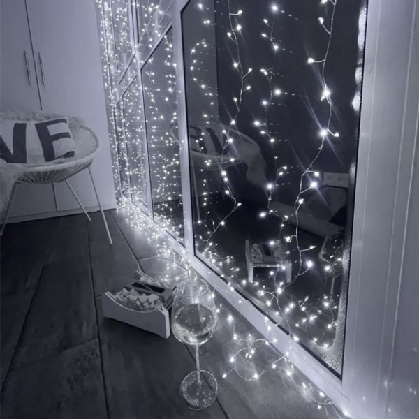 Xmas Гирлянда Мишура серебряный провод 220В пульт ДУ 8 режимов 30m 900L white wire W-1 (50)
