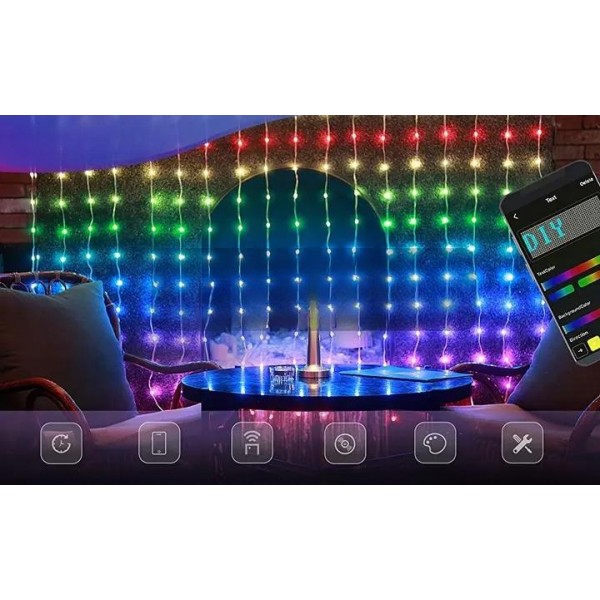 Умная Smart-штора LED гирлянда-штора 3х2 м Подключение через приложение на телефоне, управление пультом и Bluetooth питания USB