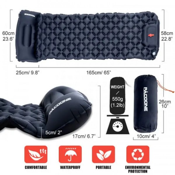 Надувной матрас Outdoor Sleeping с подушкой для туризма 190 x 70 x 20 см черный