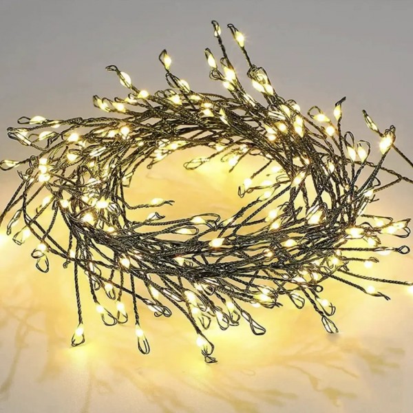 Гирлянда мелкая роса мишура 30м зеленая проволка от сети USB 900 LED теплый белый с пультом