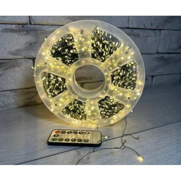 Гирлянда мелкая роса мишура 30м зеленая проволка от сети USB 900 LED теплый белый с пультом