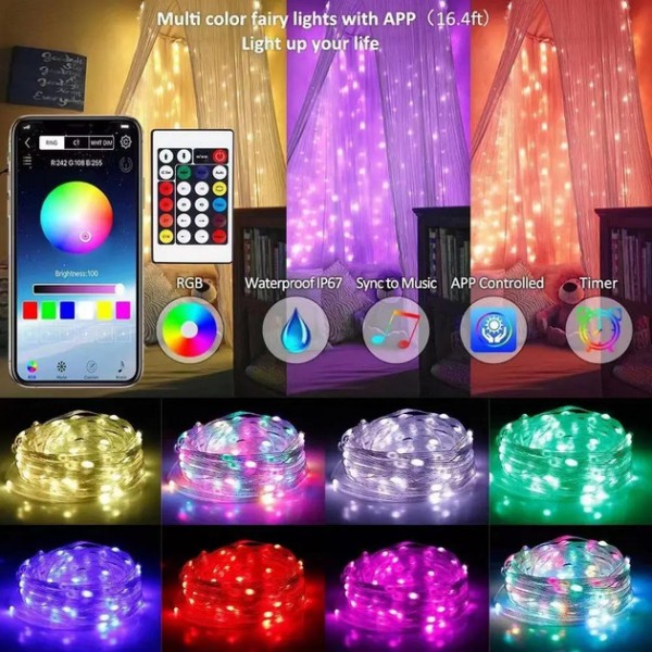 Світлодіодна стрічка Biom RGB 3939BT 10м водонепроникна, реакція на звук, керування телефоном та Пультом