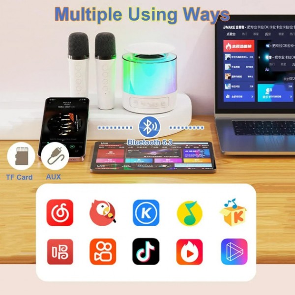 Колонка K19 Bluetooth с LED-подсветкой, 2 микрофона, портативная, караоке, белая
