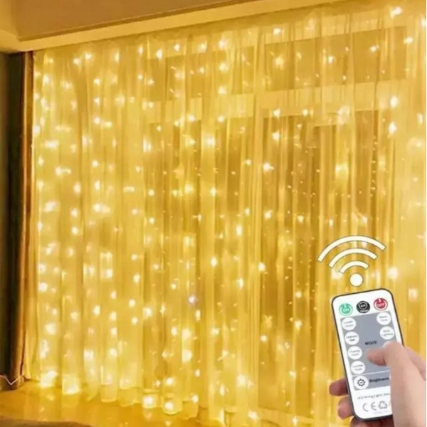 Светодиодная гирлянда штора роса на проводе 3х2 м 200LED пульт + USB SF-19 теплый белый