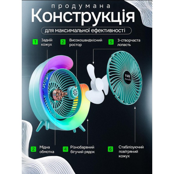Настольный вентилятор с RGB подсветкой портативный аккумуляторный с USB