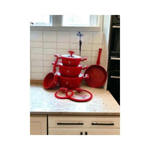 Набор кастрюль с антипригарным гранитным покрытием Top Kitchen TK-00100, набор посуды 10 предметов красный