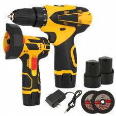 Набор аккумуляторного инструмента 2в1+2 АКБ, 12V, Желтый / Аккумуляторная болгарка / Аккумуляторный шуруповерт