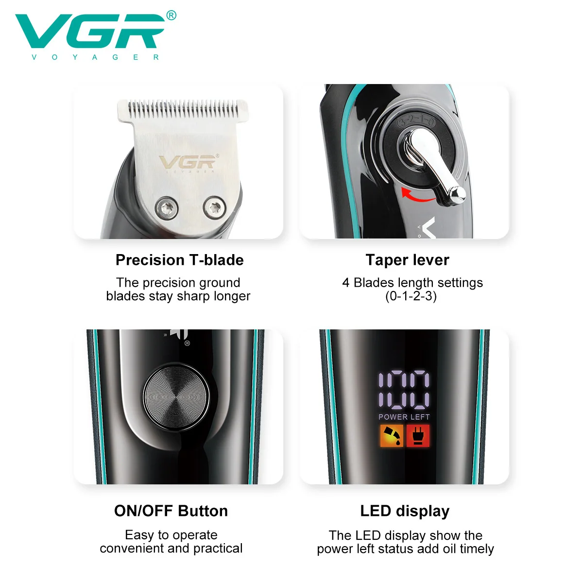 Триммер VGR V-075 с регулятором высоты, 4 насадки, LED display