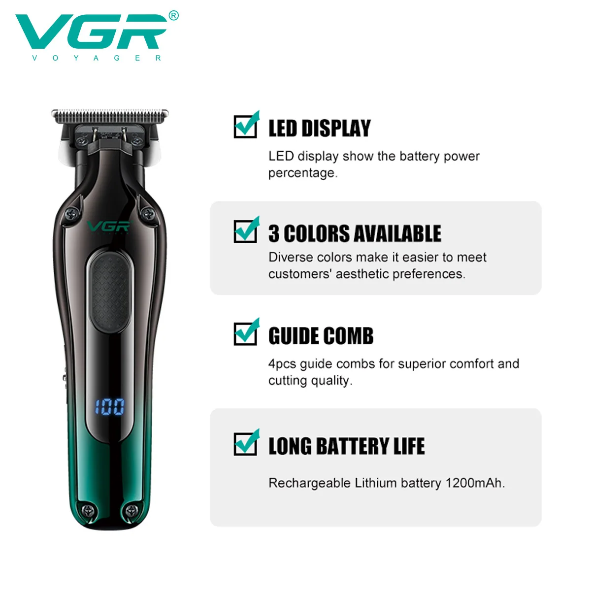 Триммер VGR V-998 GREEN, 4 насадки, LED display