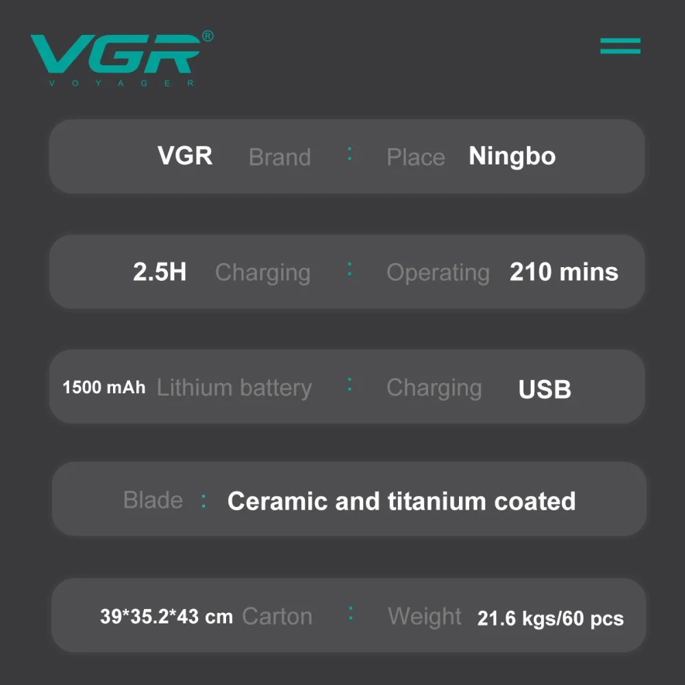 Машинка (триммер) для стрижки волос VGR V-939 BLACK, 4 насадки, LED Display