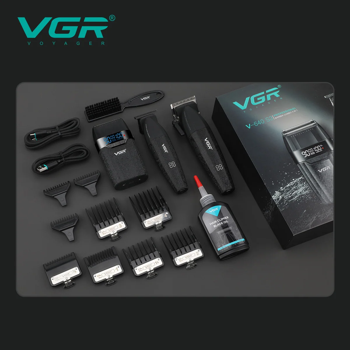 Комплект VGR 3 в 1 V-640 S3 BLACK, машинка для стрижки (clipper), триммер и электробритва (шейвер)