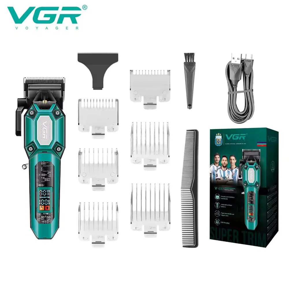 Акумуляторна машинка для стрижки (clipper) VGR V-600 GREEN, 6 насадок, регулятор висоти, LED display, 7000 RPM