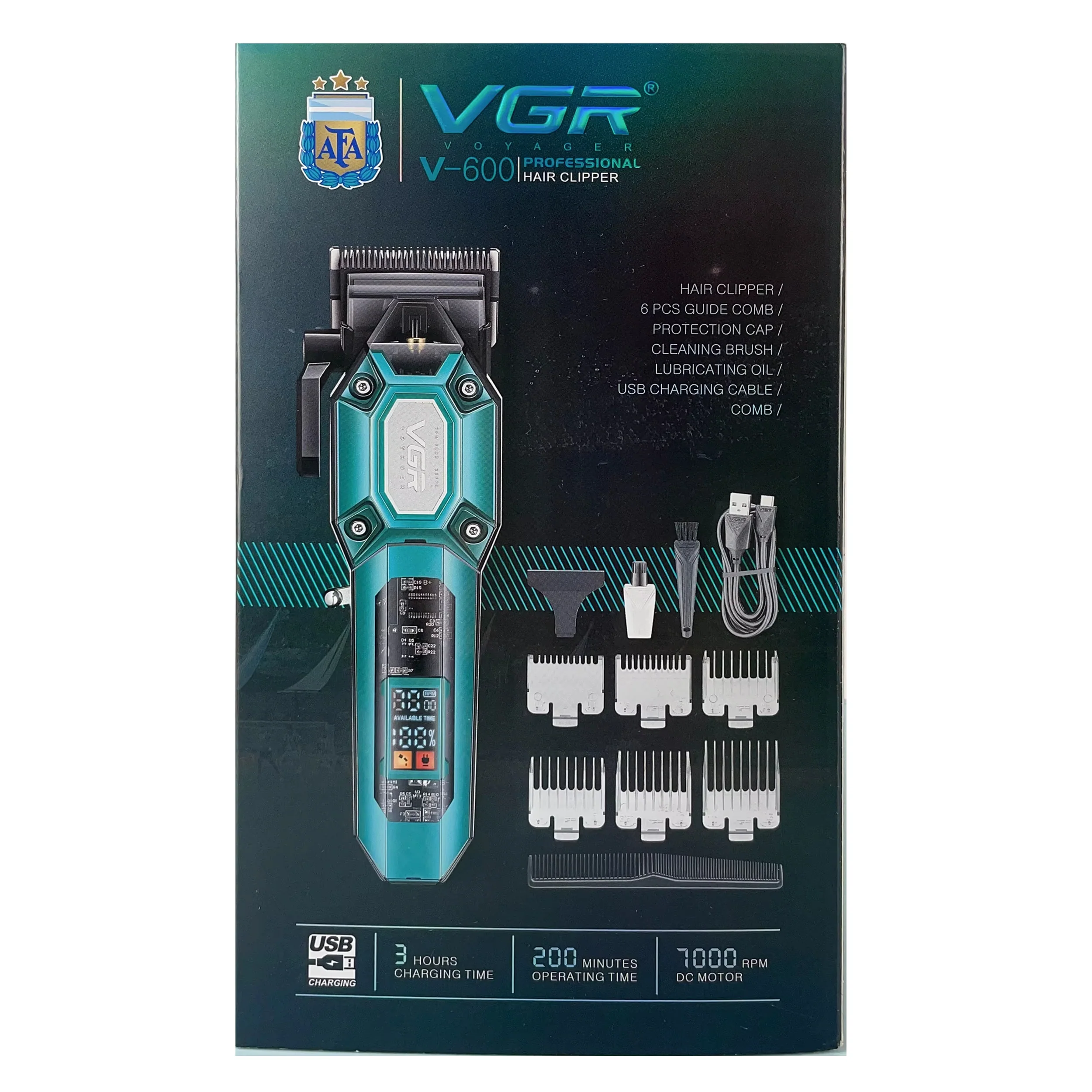Аккумуляторная машинка для стрижки (clipper) VGR V-600 GREEN, 6 насадок, регулятор высоты, LED display, 7000 RPM